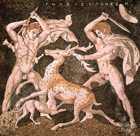 Mosaïque de la chasse au cerf, Maison de l'Enlèvement d'Hélène, IVe siècle avant J.C. Œuvre signée par le mosaïste Gnôsis. (Site de Pella).